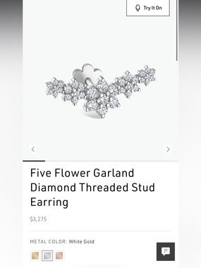Maria Tash Five Flower Garland Diamond Threaded Stud Earring -white gold - NEW